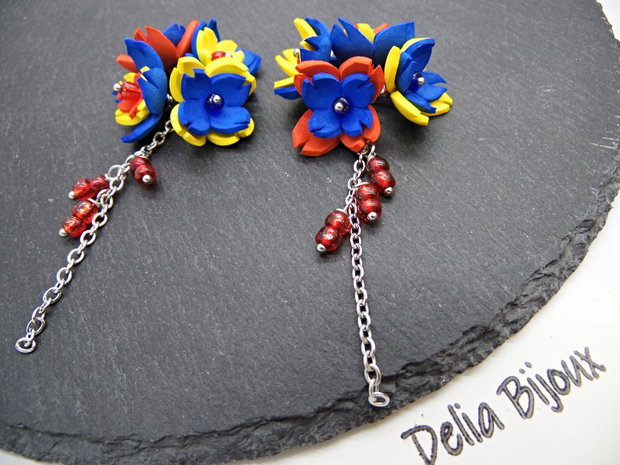 Cercei handmade statement - flori - Tricolorul Romaniei (cod1334)