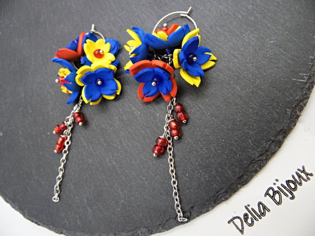 Cercei handmade statement - flori - Tricolorul Romaniei (cod1334)