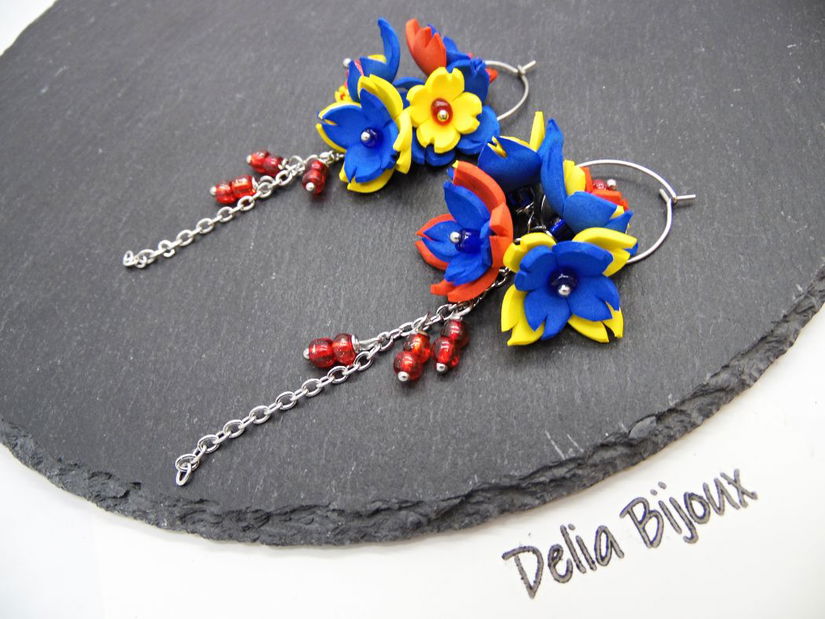 Cercei handmade statement - flori - Tricolorul Romaniei (cod1334)
