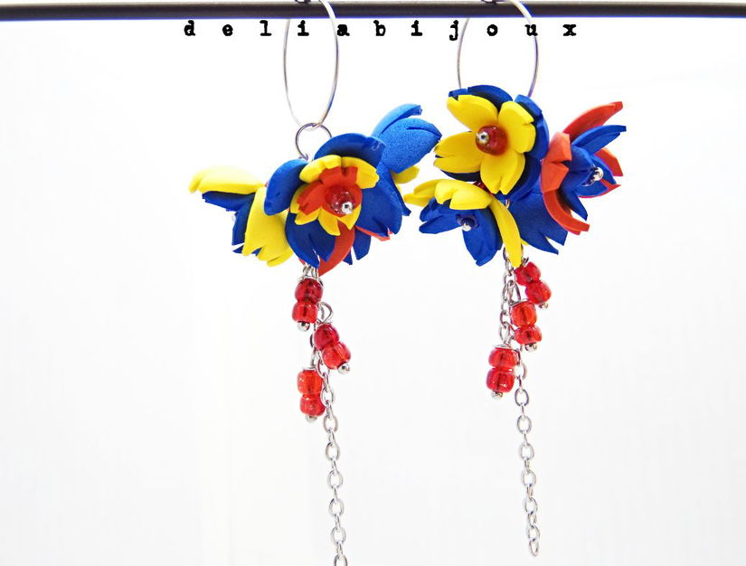Cercei handmade statement - flori - Tricolorul Romaniei (cod1334)