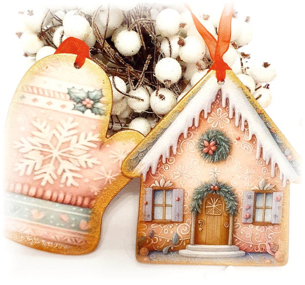 Set format din 5 decoratiuni din lemn, tema Craciun, roz pudrat, aspect vintage