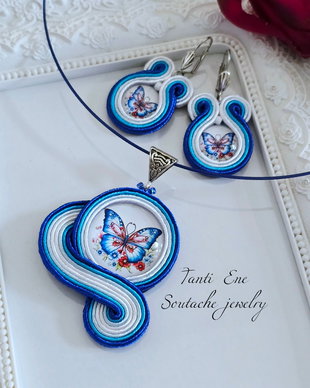 Set albastru soutache cu fluturi