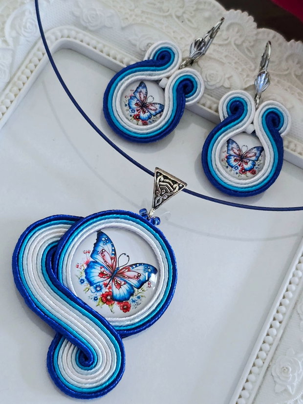 Set albastru soutache cu fluturi