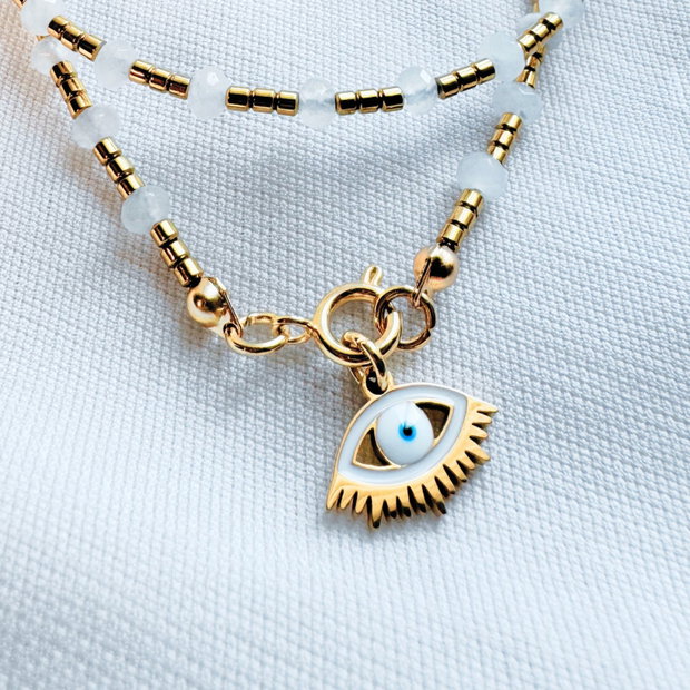 Colier la baza gatului din hematit si jad alb cu pandantiv evil eye