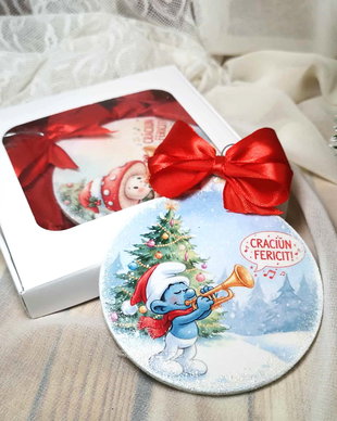 decoratiune personalizata, in forma de glob, cadou Craciun pentru educatoare invatatoare - clasa strumfi