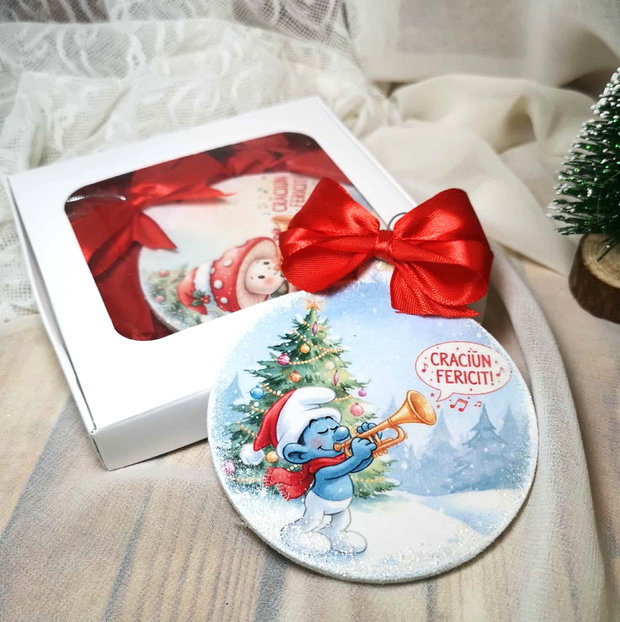 decoratiune personalizata, in forma de glob, cadou Craciun pentru educatoare invatatoare - clasa strumfi