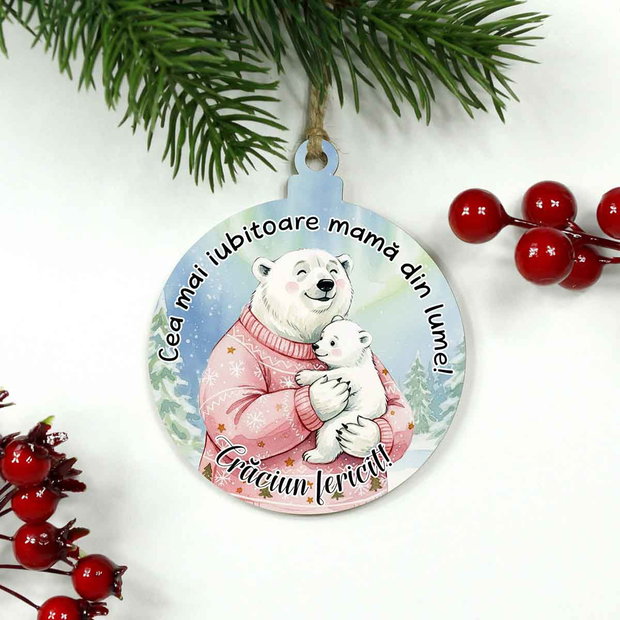 Glob lemn personalizat pentru Mama Urs polar | Cadou de Crăciun