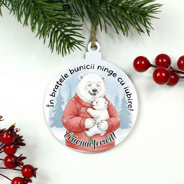 Glob lemn personalizat pentru Bunica Urs polar | Cadou de Crăciun