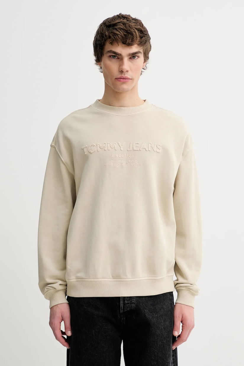 Tommy Jeans hanorac de bumbac culoarea bej, cu imprimeu, DM0DM22363