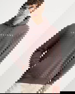 Tommy Jeans bluză culoarea bej, cu glugă, cu imprimeu, DM0DM20746