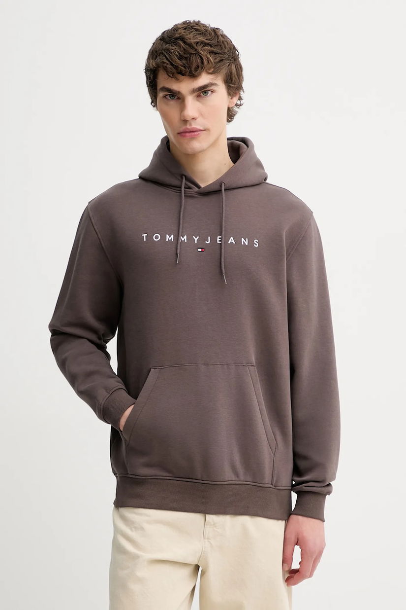 Tommy Jeans bluză culoarea bej, cu glugă, cu imprimeu, DM0DM20746