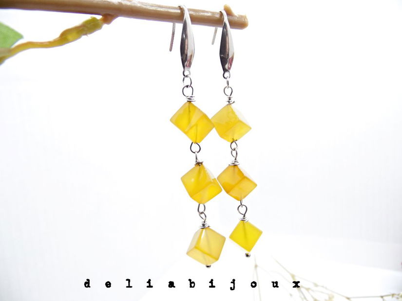 Cercei lungi cu agate cub galbene culoarea mierii (cod1335)