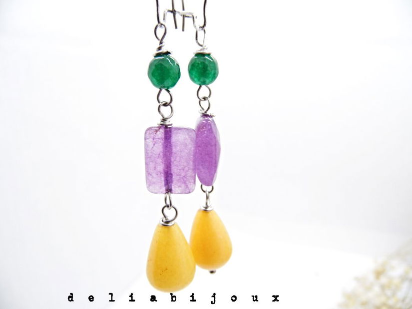 Cercei handmade cu jad galben, ametist și jad verde combinație vibrantă de pietre naturale (cod1336)