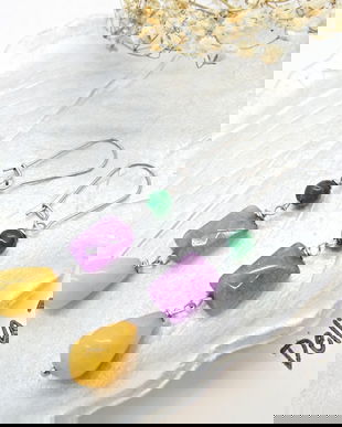 Cercei handmade cu jad galben, ametist și jad verde combinație vibrantă de pietre naturale (cod1336)