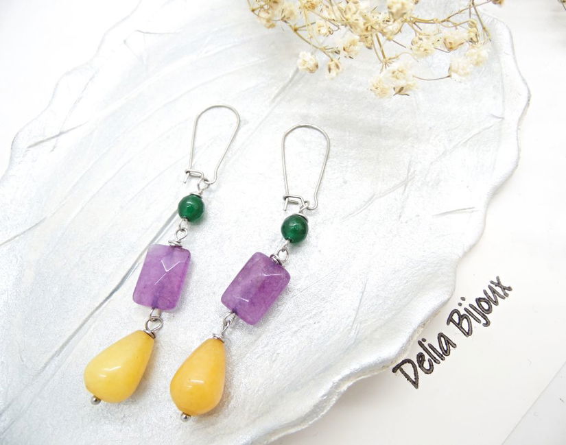 Cercei handmade cu jad galben, ametist și jad verde combinație vibrantă de pietre naturale (cod1336)
