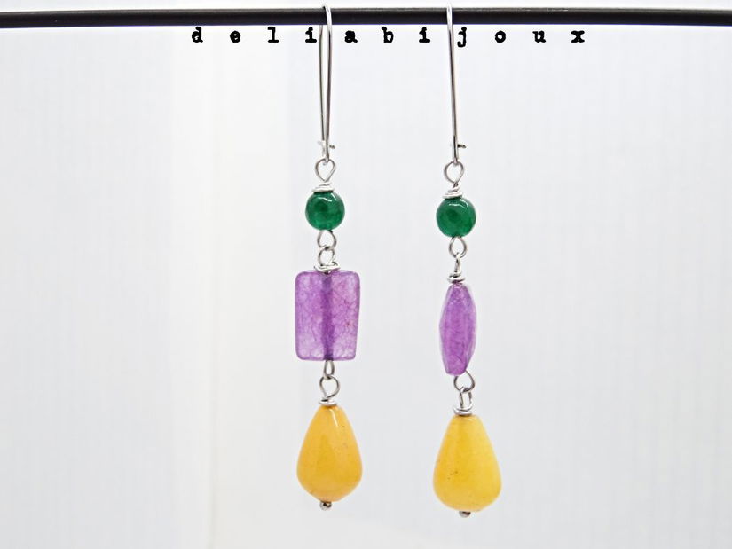 Cercei handmade cu jad galben, ametist și jad verde combinație vibrantă de pietre naturale (cod1336)