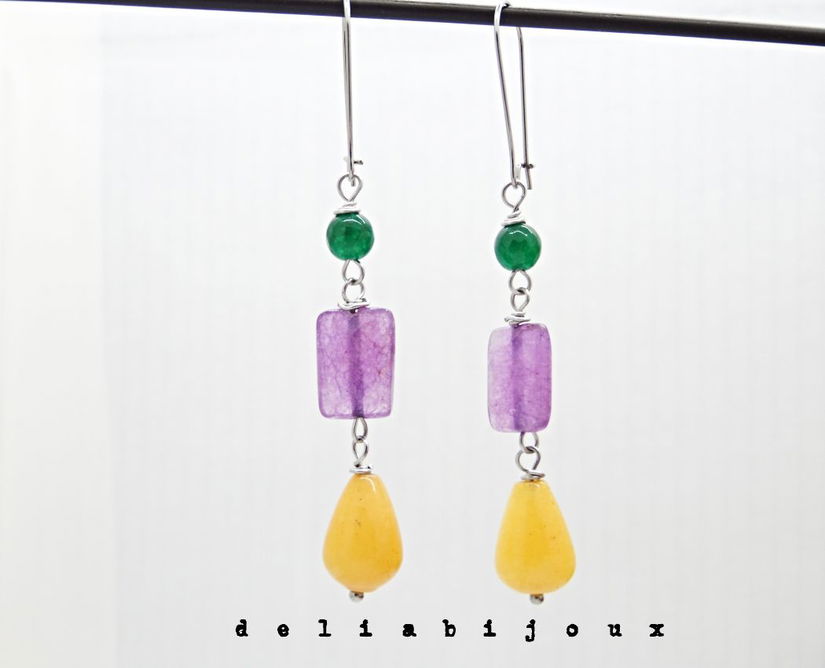 Cercei handmade cu jad galben, ametist și jad verde combinație vibrantă de pietre naturale (cod1336)