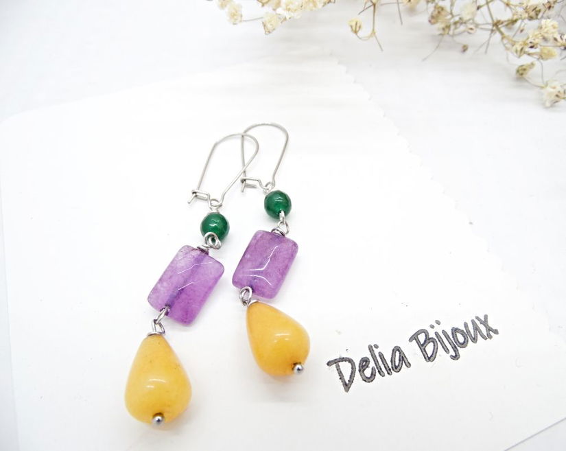 Cercei handmade cu jad galben, ametist și jad verde combinație vibrantă de pietre naturale (cod1336)