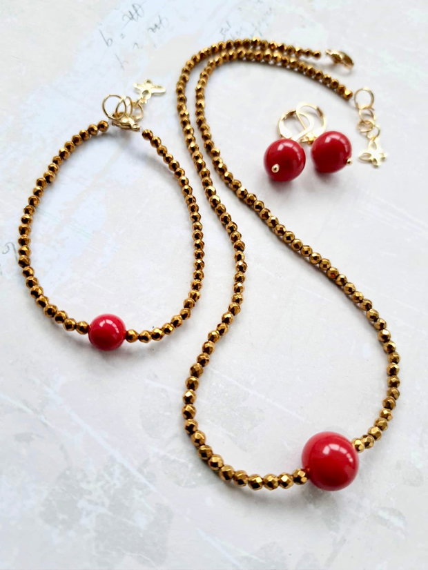 Set CHOKER hematit auriu & Perle Mallorca rosii