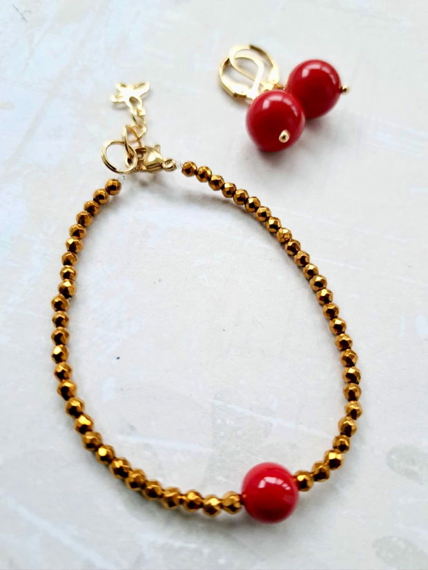 Set CHOKER hematit auriu & Perle Mallorca rosii