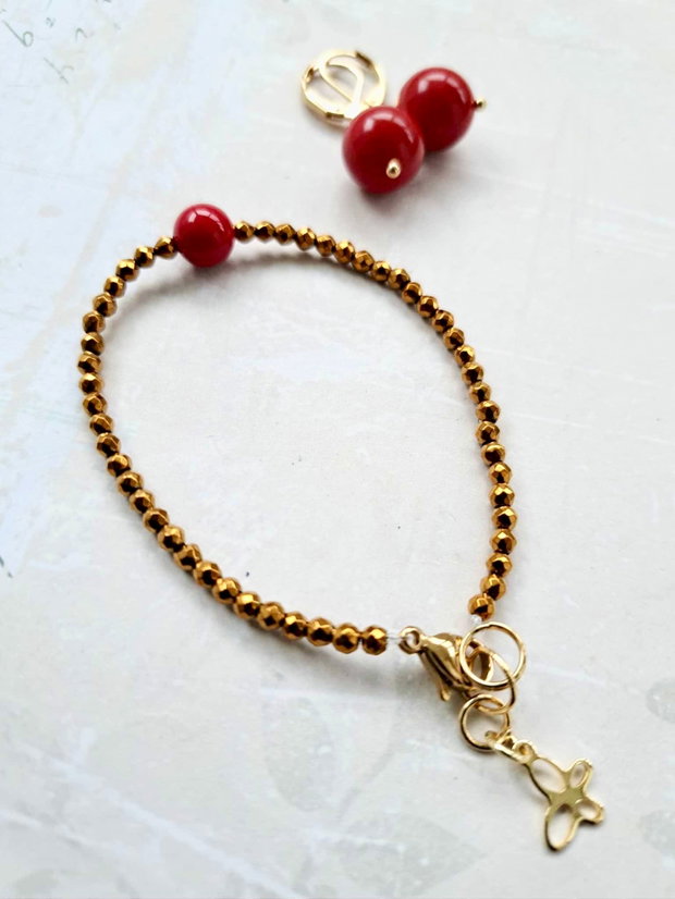 Set CHOKER hematit auriu & Perle Mallorca rosii