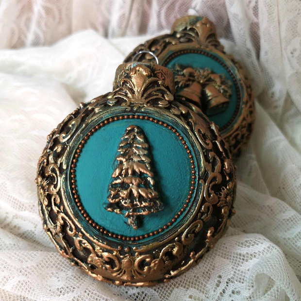 Turcoaz și bronz - Set globuri decorate in stil baroc