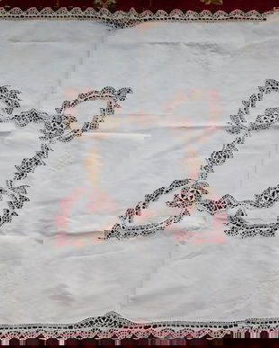 Fata de masa  vintage ,  ivoire , dantele , broderie ,  foarte  elaborata, neutilizata