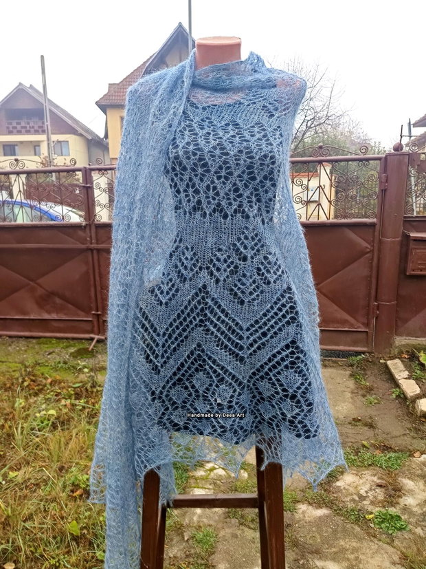 Sal tricotat albastru denim, mohair cu matase