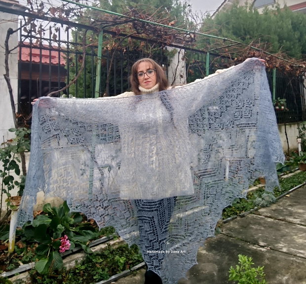 Sal tricotat albastru denim, mohair cu matase