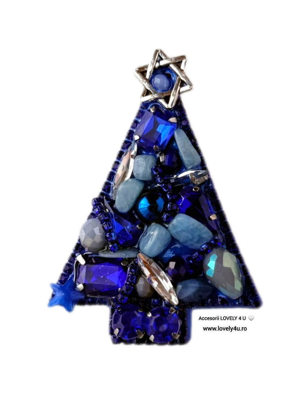 Brad de Crăciun - brosa handmade brad albastru , model unicat cu pietre, cristale, perle, pietre semiprețioase acvamarin și lapis , mesaj pe verso: Sparkle every day, Believe in Yourself