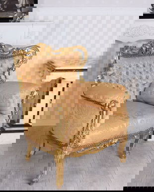 Fotoliu baroc din lemn masiv auriu cu tapiterie matase