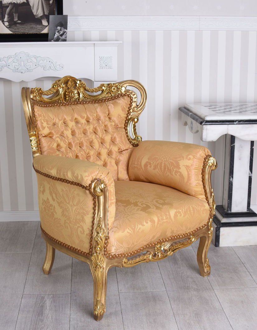 Fotoliu baroc din lemn masiv auriu cu tapiterie matase
