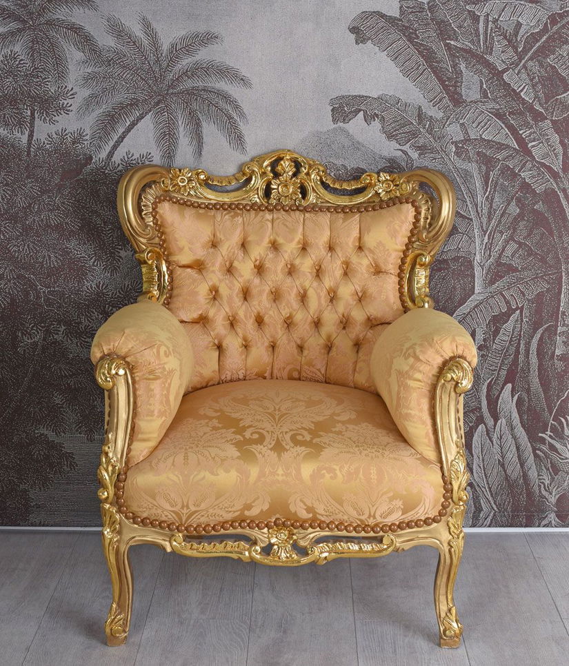 Fotoliu baroc din lemn masiv auriu cu tapiterie matase