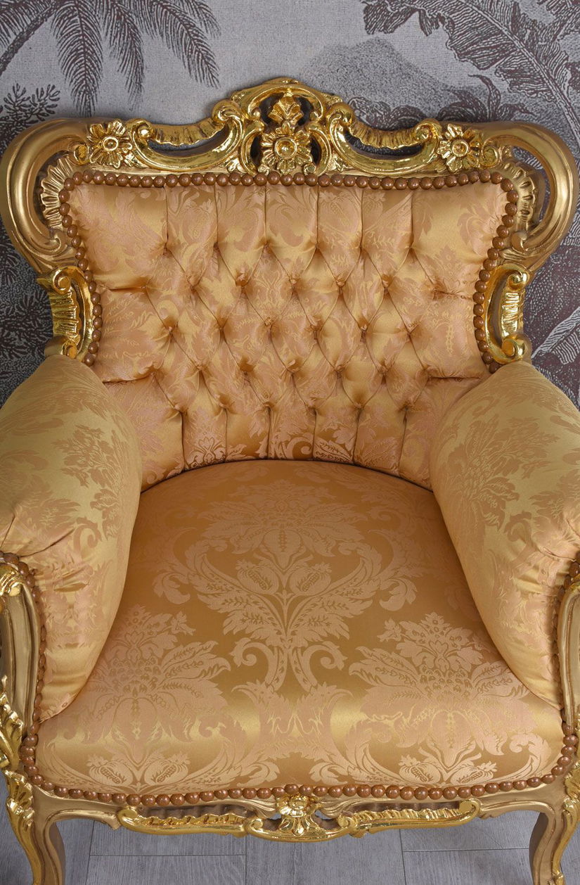 Fotoliu baroc din lemn masiv auriu cu tapiterie matase
