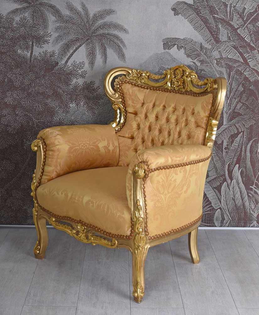 Fotoliu baroc din lemn masiv auriu cu tapiterie matase