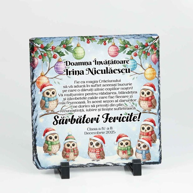 Placă de ardezie personalizată pentru învățătoare Clasa Bufnițelor | Cadou de Crăciun