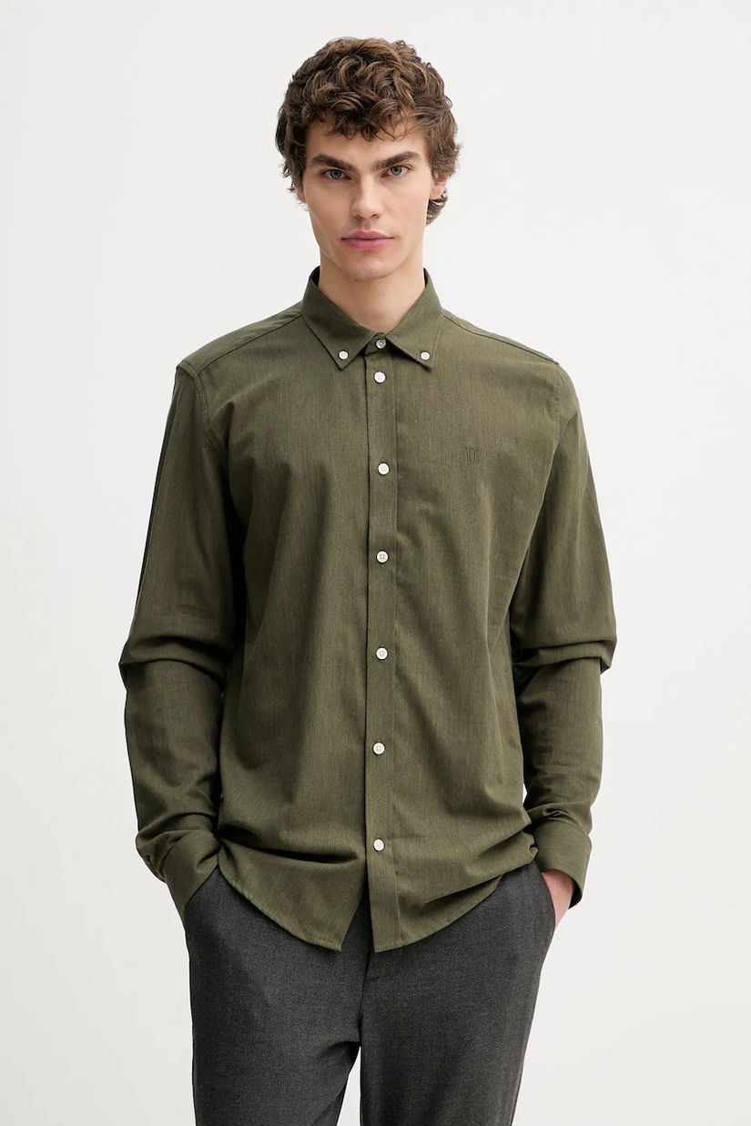 Les Deux cămașă din bumbac culoarea verde, cu guler button-down, regular, 1001696
