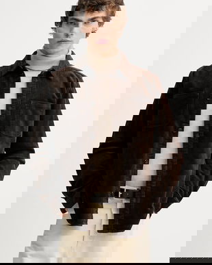 Les Deux cămașă din velur culoarea maro, cu guler clasic, regular, 1001701