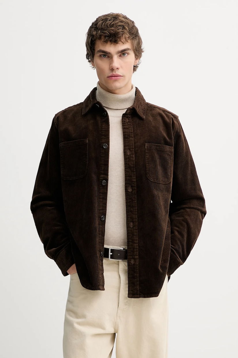 Les Deux cămașă din velur culoarea maro, cu guler clasic, regular, 1001701