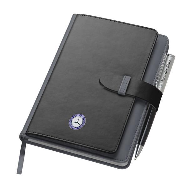 Agenda A5 gri, Piksel, cu buzunar si suport carti de vizita, dictando, pix, logo Mercedes