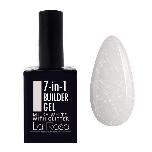 Gel de construcție autonivelantă pentru unghii 7&icirc;n1 La Rosa Profesionales, milky white with glitter 15 ml