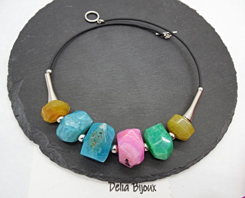 Colier Statement Handmade din Agate Multicolore (cod1341)