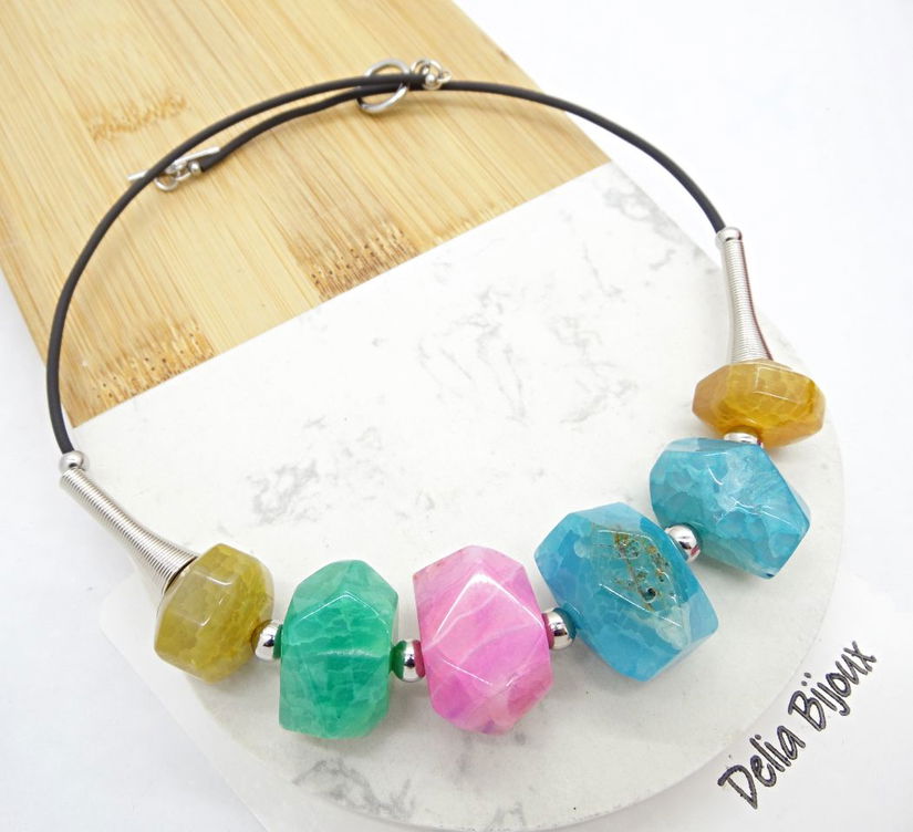 Colier Statement Handmade din Agate Multicolore (cod1341)