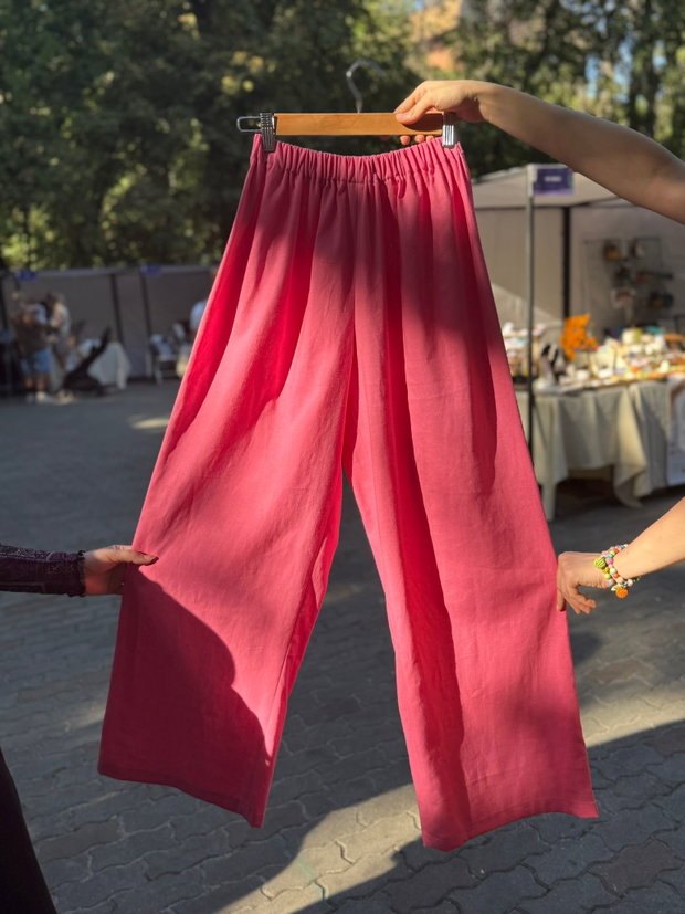 Pantaloni lungi roz din in cu elastic