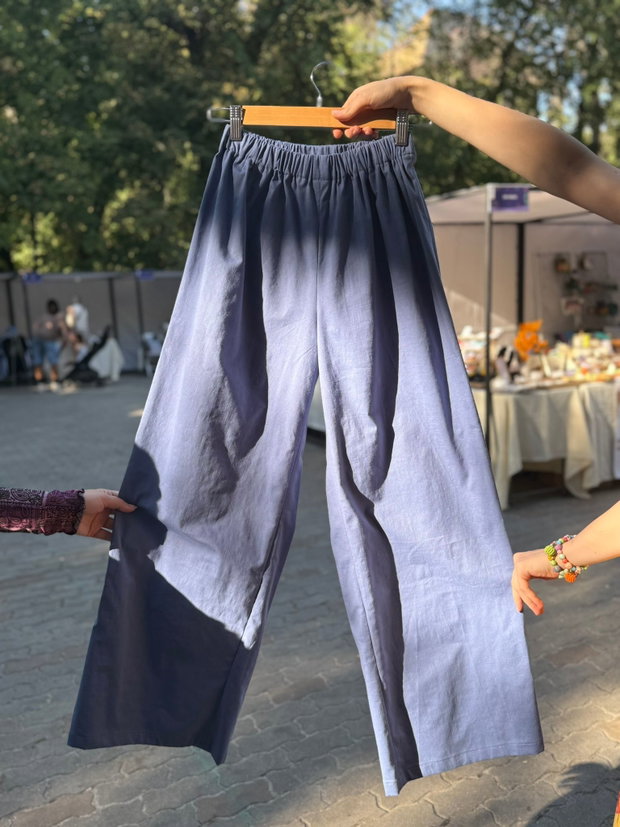 Pantaloni lungi albaștri din in cu elastic