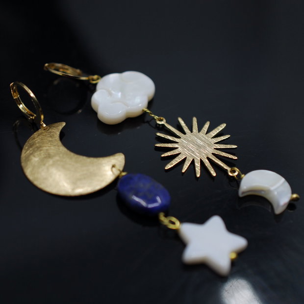 Cercei asimetrici din alama si perle, cercei lungi, cercei statement, cercei handmade