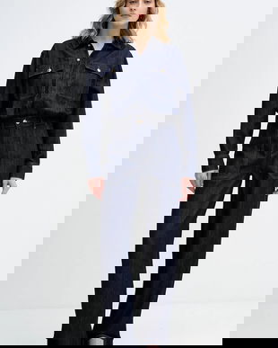 Sisley salopeta jeans culoarea bleumarin, cu guler, 447ZLT00Q