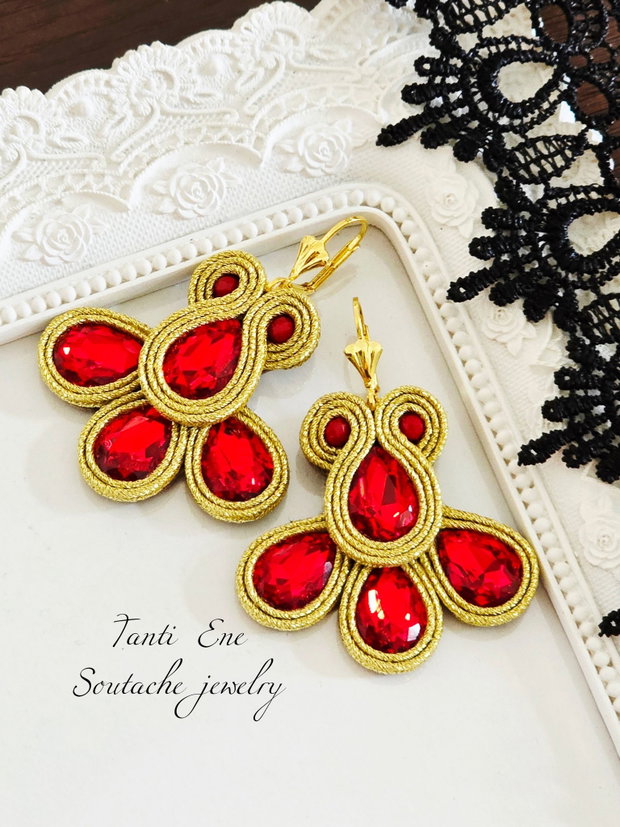 Cercei rosu cu auriu, Cercei soutache, Cercei cu cristale