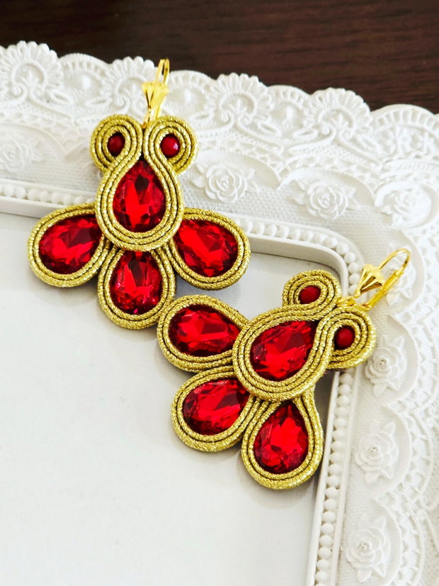 Cercei rosu cu auriu, Cercei soutache, Cercei cu cristale
