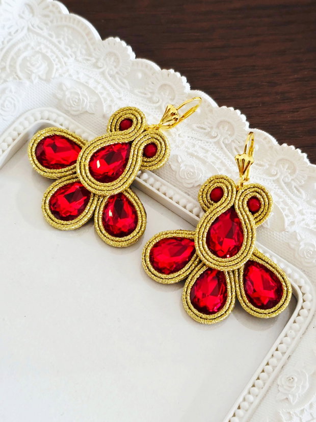 Cercei rosu cu auriu, Cercei soutache, Cercei cu cristale